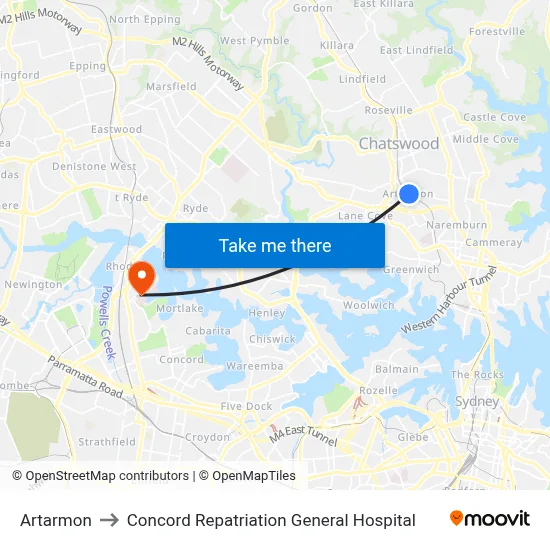 Artarmon to Concord Repatriation General Hospital map