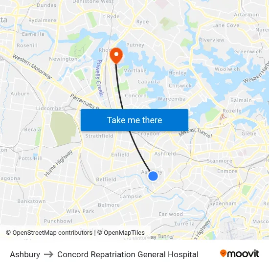 Ashbury to Concord Repatriation General Hospital map