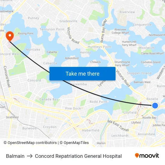 Balmain to Concord Repatriation General Hospital map