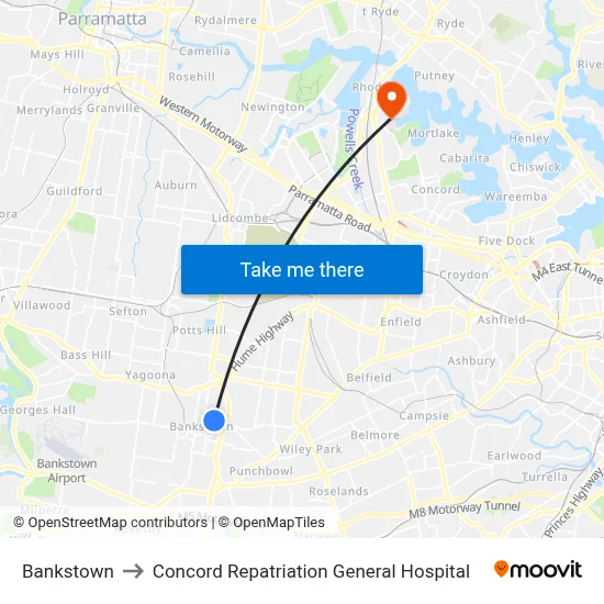 Bankstown to Concord Repatriation General Hospital map