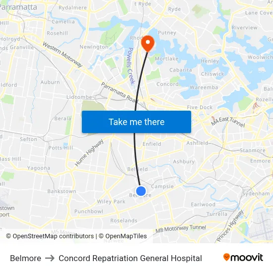 Belmore to Concord Repatriation General Hospital map