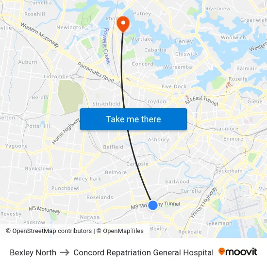 Bexley North to Concord Repatriation General Hospital map