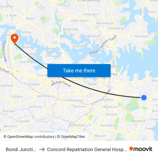 Bondi Junction to Concord Repatriation General Hospital map