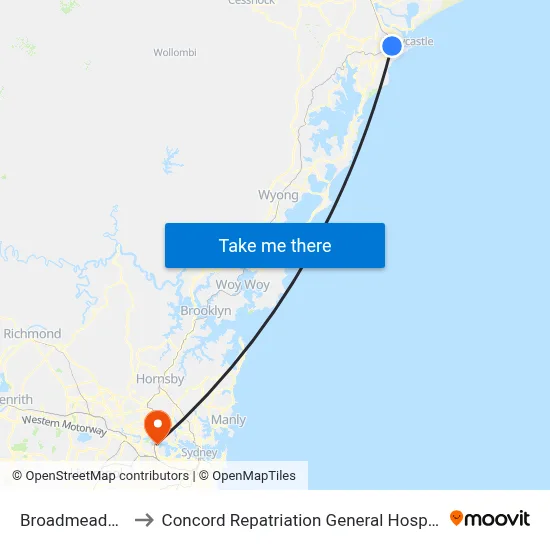Broadmeadow to Concord Repatriation General Hospital map