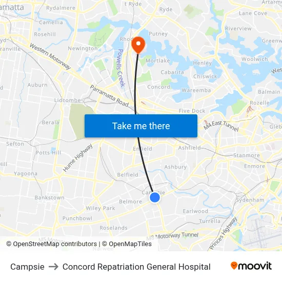 Campsie to Concord Repatriation General Hospital map