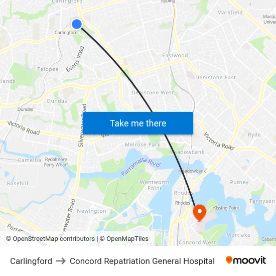 Carlingford to Concord Repatriation General Hospital map