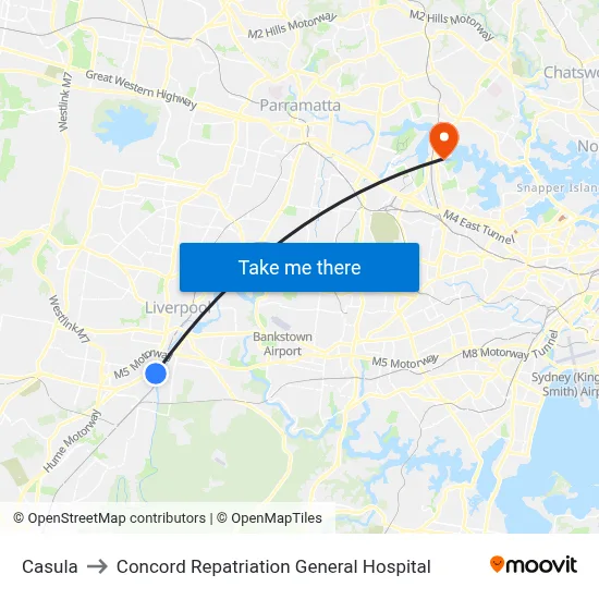Casula to Concord Repatriation General Hospital map