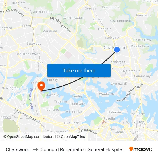 Chatswood to Concord Repatriation General Hospital map