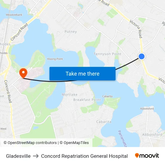 Gladesville to Concord Repatriation General Hospital map