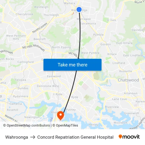 Wahroonga to Concord Repatriation General Hospital map