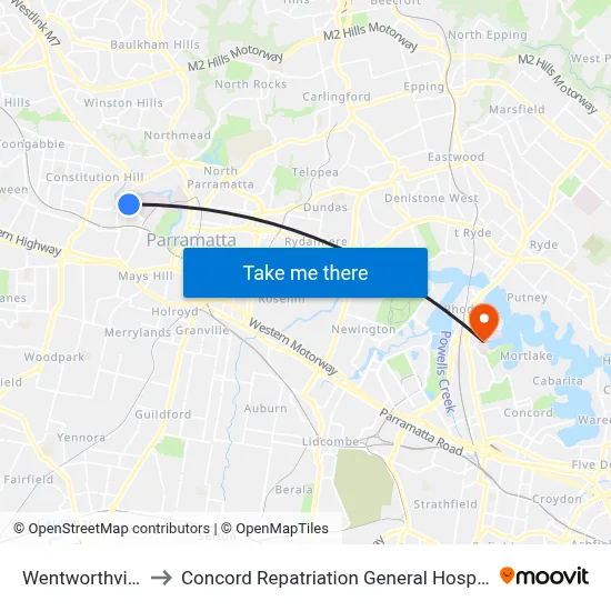 Wentworthville to Concord Repatriation General Hospital map