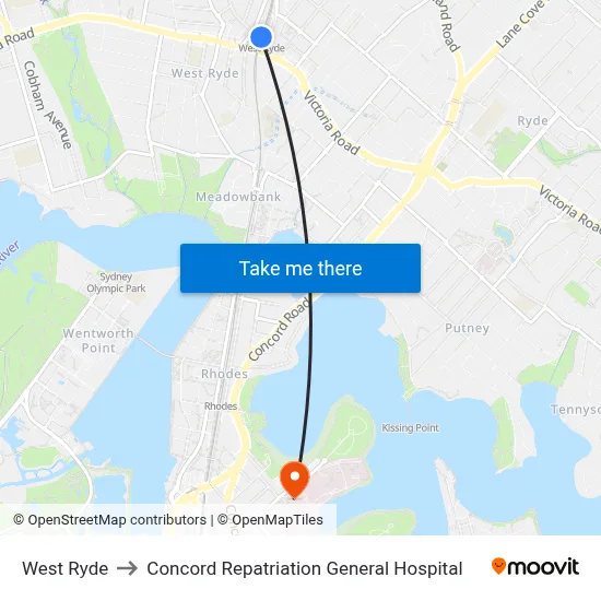 West Ryde to Concord Repatriation General Hospital map