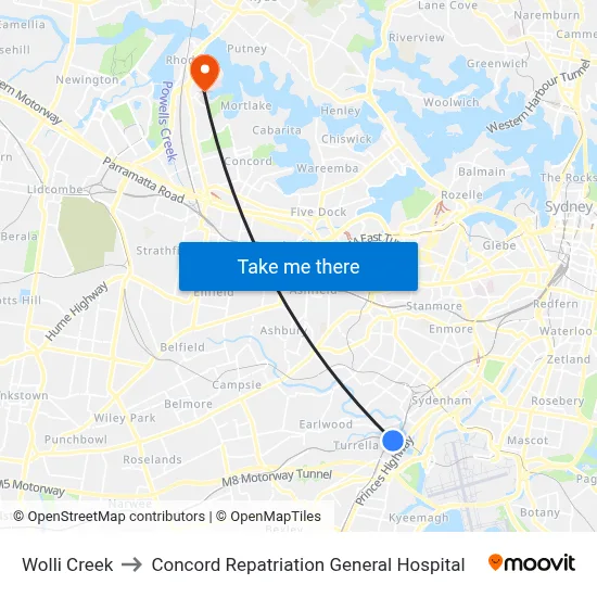 Wolli Creek to Concord Repatriation General Hospital map