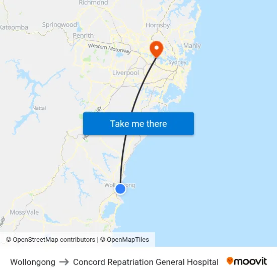 Wollongong to Concord Repatriation General Hospital map