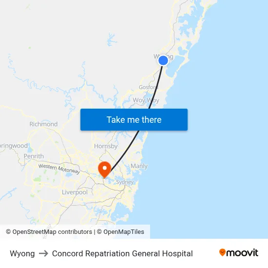 Wyong to Concord Repatriation General Hospital map