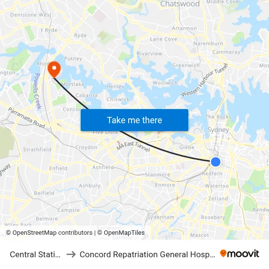 Central Station to Concord Repatriation General Hospital map