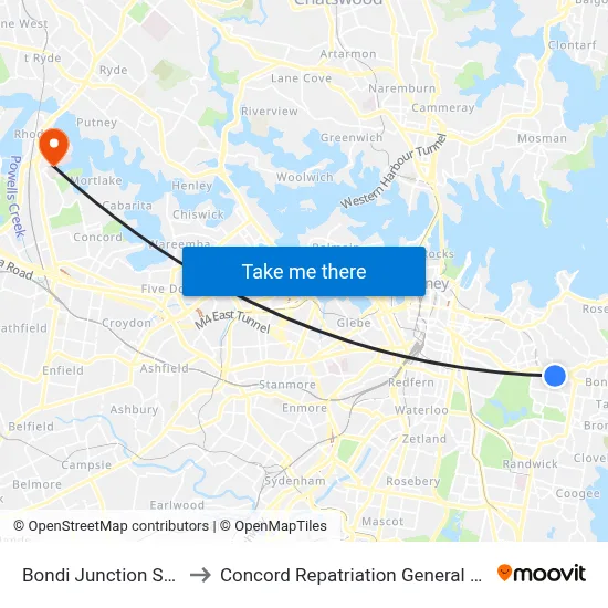 Bondi Junction Station to Concord Repatriation General Hospital map
