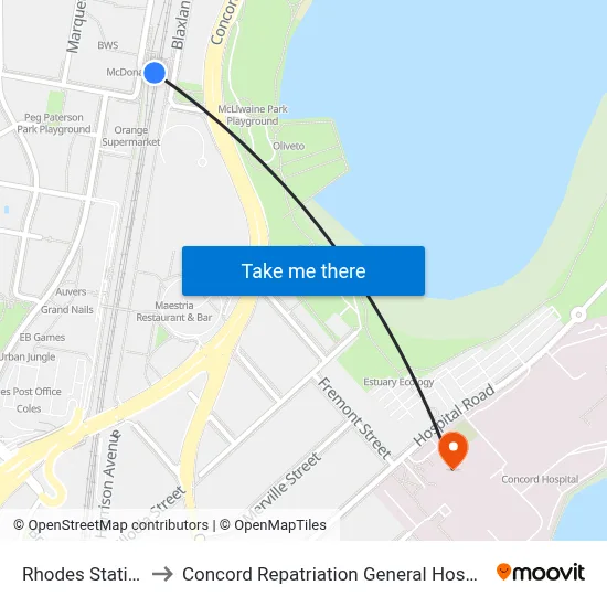 Rhodes Station to Concord Repatriation General Hospital map