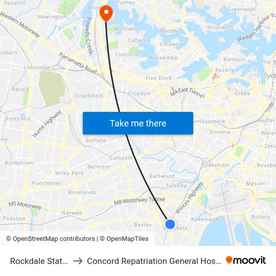 Rockdale Station to Concord Repatriation General Hospital map
