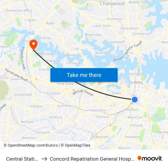 Central Station to Concord Repatriation General Hospital map