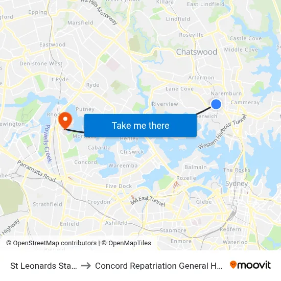St Leonards Station to Concord Repatriation General Hospital map