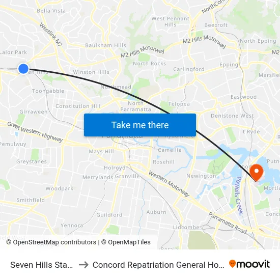 Seven Hills Station to Concord Repatriation General Hospital map