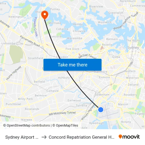 Sydney Airport SYD to Concord Repatriation General Hospital map