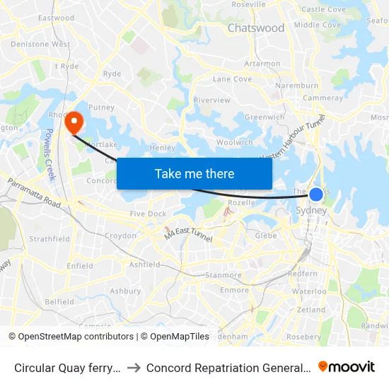 Circular Quay ferry wharf to Concord Repatriation General Hospital map