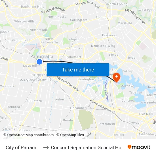 City of Parramatta to Concord Repatriation General Hospital map