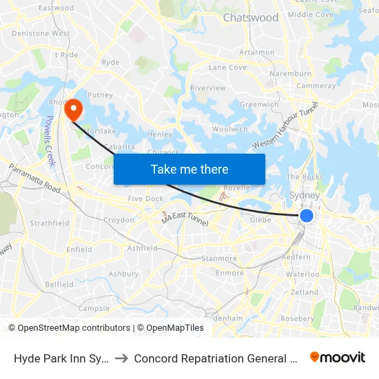 Hyde Park Inn Sydney to Concord Repatriation General Hospital map