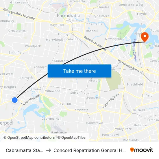 Cabramatta Station to Concord Repatriation General Hospital map
