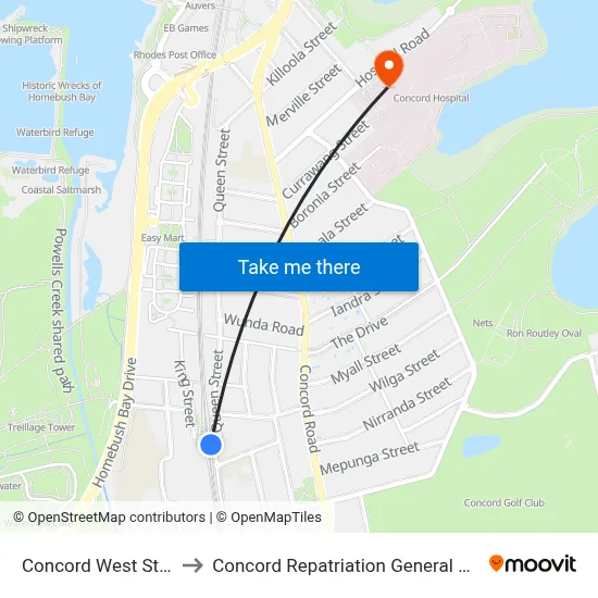 Concord West Station to Concord Repatriation General Hospital map