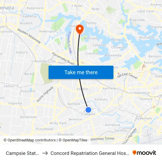 Campsie Station to Concord Repatriation General Hospital map