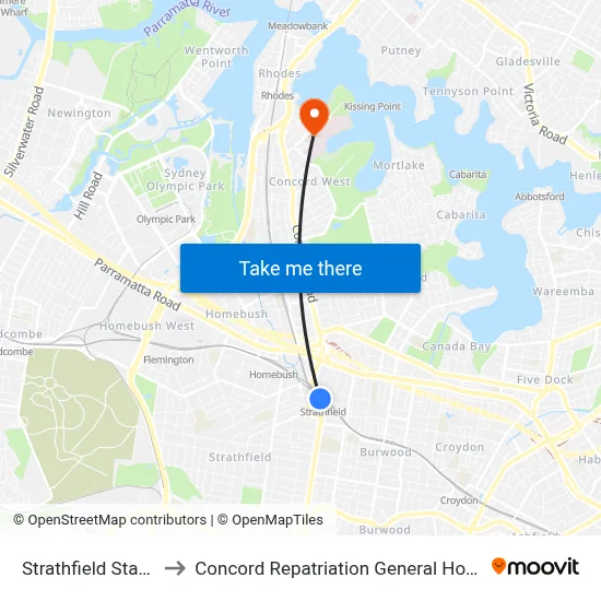 Strathfield Station to Concord Repatriation General Hospital map