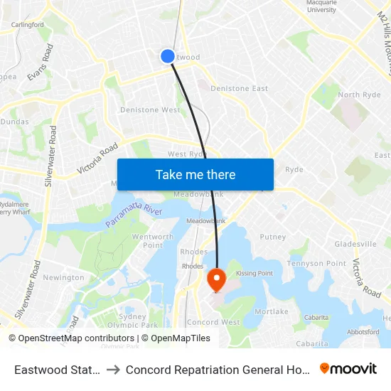 Eastwood Station to Concord Repatriation General Hospital map