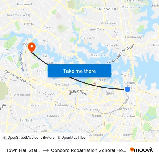 Town Hall Station to Concord Repatriation General Hospital map