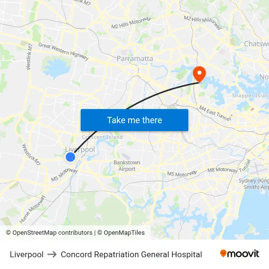 Liverpool to Concord Repatriation General Hospital map