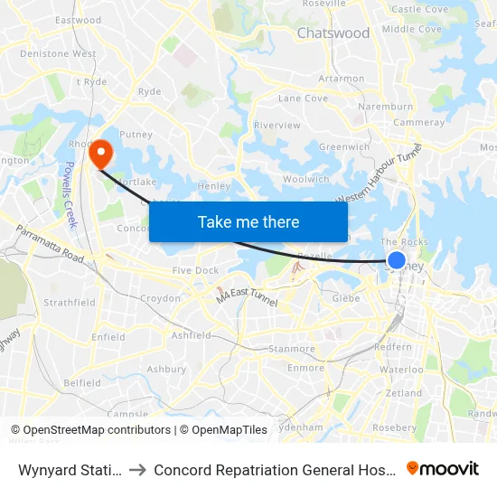 Wynyard Station to Concord Repatriation General Hospital map