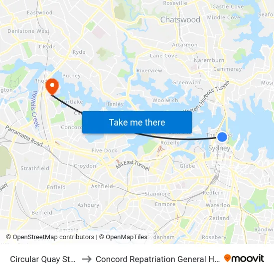 Circular Quay Station to Concord Repatriation General Hospital map