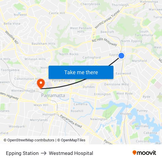 Epping Station to Westmead Hospital map