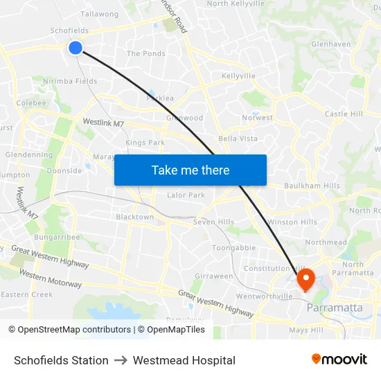 Schofields Station to Westmead Hospital map