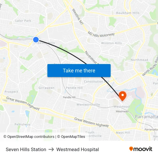 Seven Hills Station to Westmead Hospital map