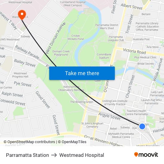 Parramatta Station to Westmead Hospital map