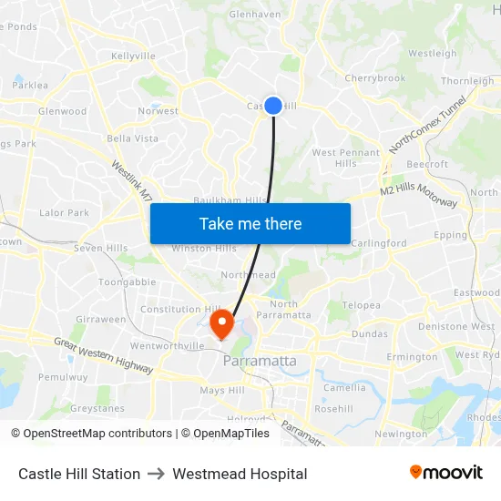 Castle Hill Station to Westmead Hospital map
