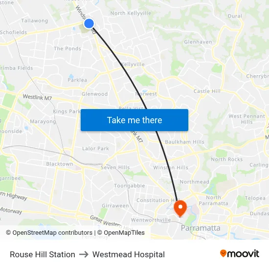 Rouse Hill Station to Westmead Hospital map