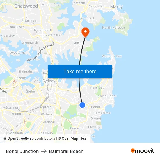 Bondi Junction to Balmoral Beach map