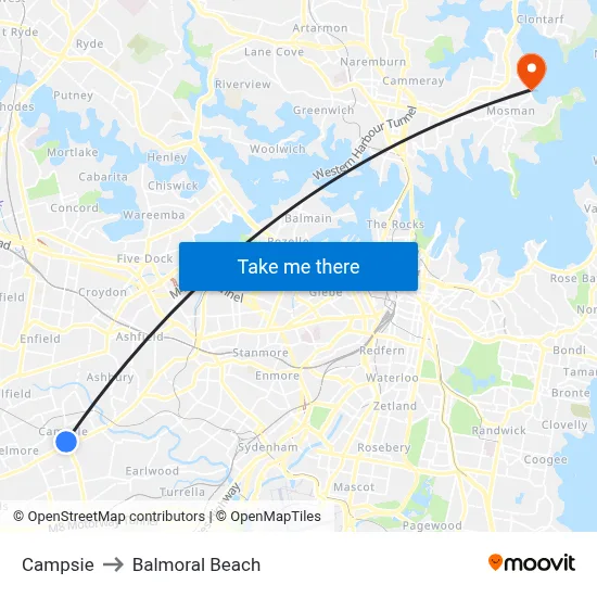 Campsie to Balmoral Beach map