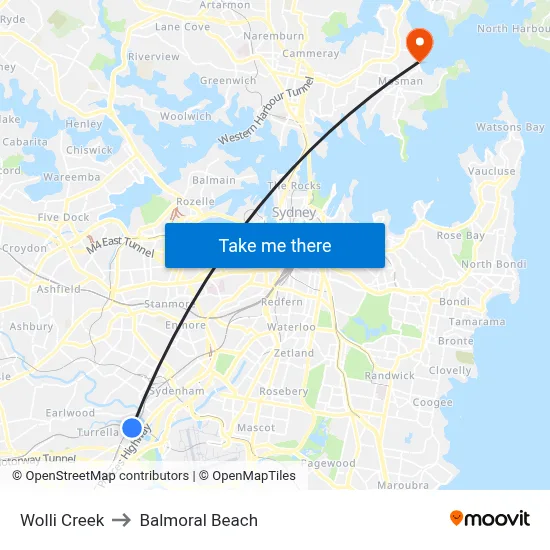 Wolli Creek to Balmoral Beach map