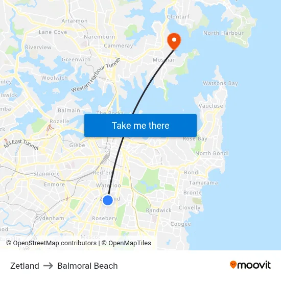 Zetland to Balmoral Beach map