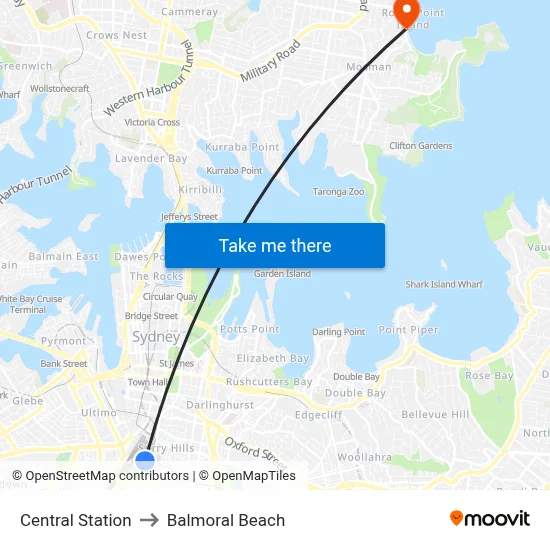 Central Station to Balmoral Beach map